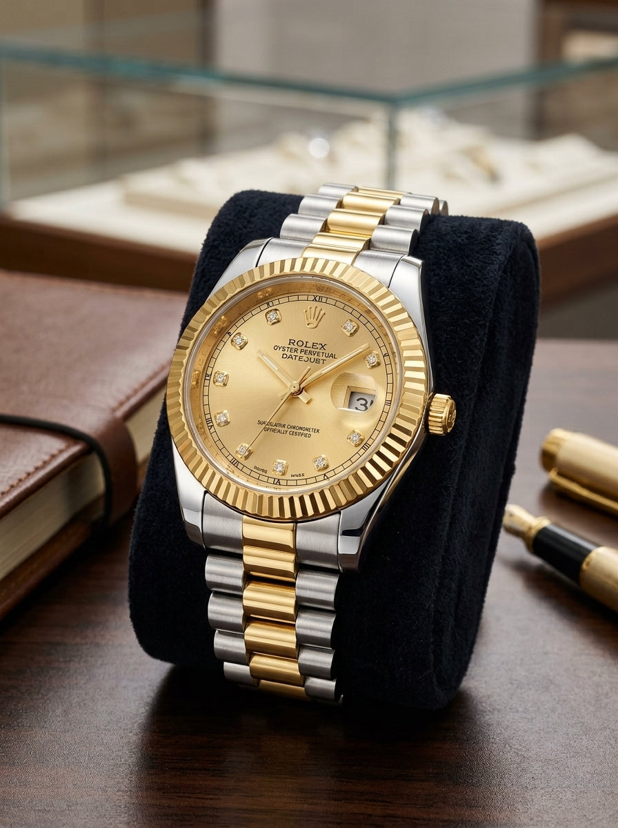 Luxury Two-Tone ROLEX Gold & Silver Watch with Diamond Markers (Replica)- Classic Datejust Style
