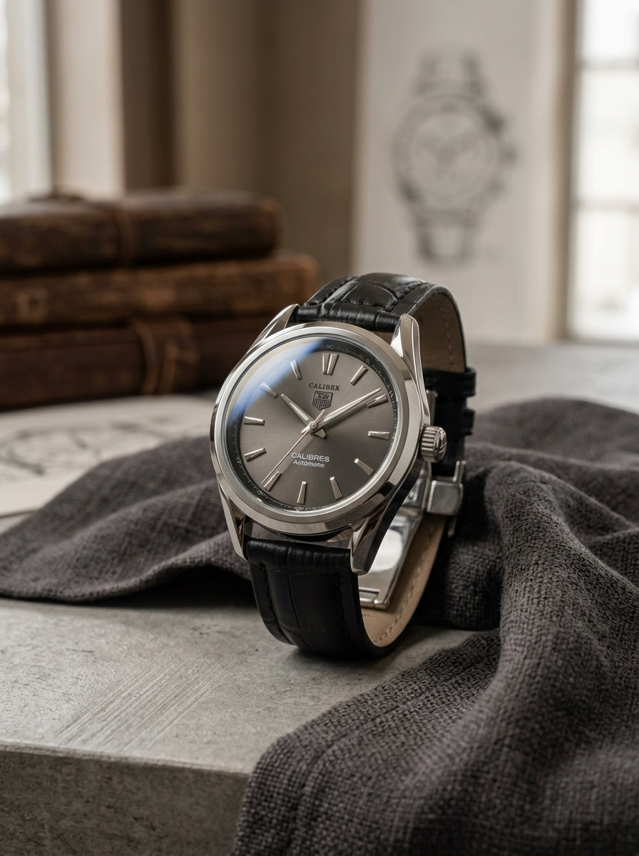 • : Luxury Men's Automatic Dress Watch | Premium Stainless Steel Case & Genuine Leather Strap (Grey Dial)