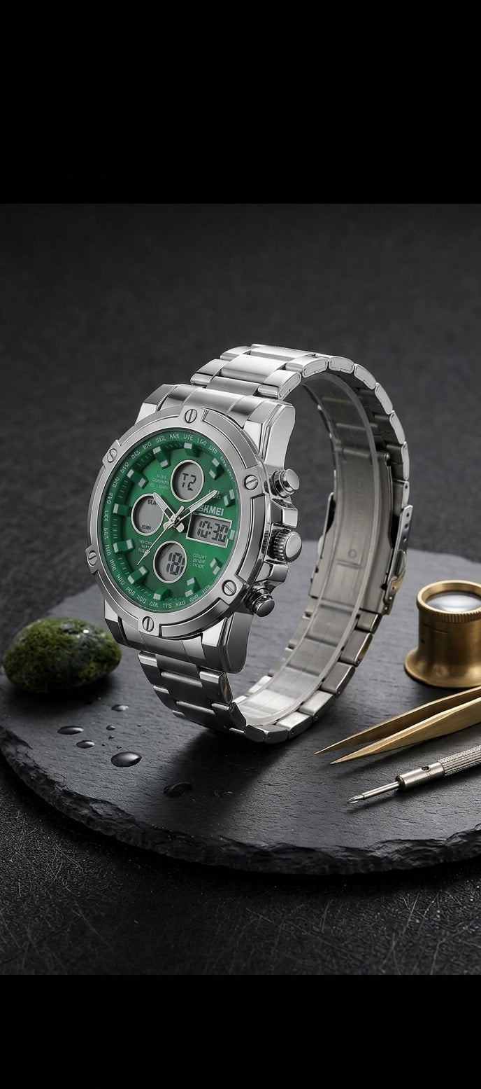SKMEI 2556 Premium Luxury Men's Watch – Dual Display Analog-Digital Sports & Business Stainless Steel Wristwatch (Emerald Green)