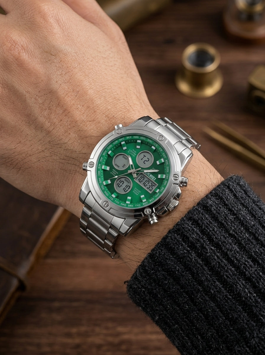 SKMEI 2556 Premium Luxury Men's Watch – Dual Display Analog-Digital Sports & Business Stainless Steel Wristwatch (Emerald Green)