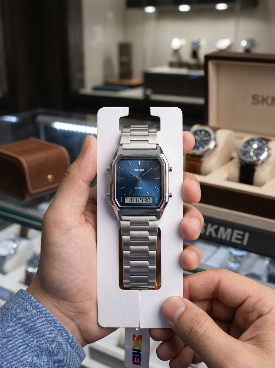 SKMEI 1220 Luxury Retro Dual Time Analog-Digital Men's Watch - Royal Blue Dial & Silver Stainless Steel Chain