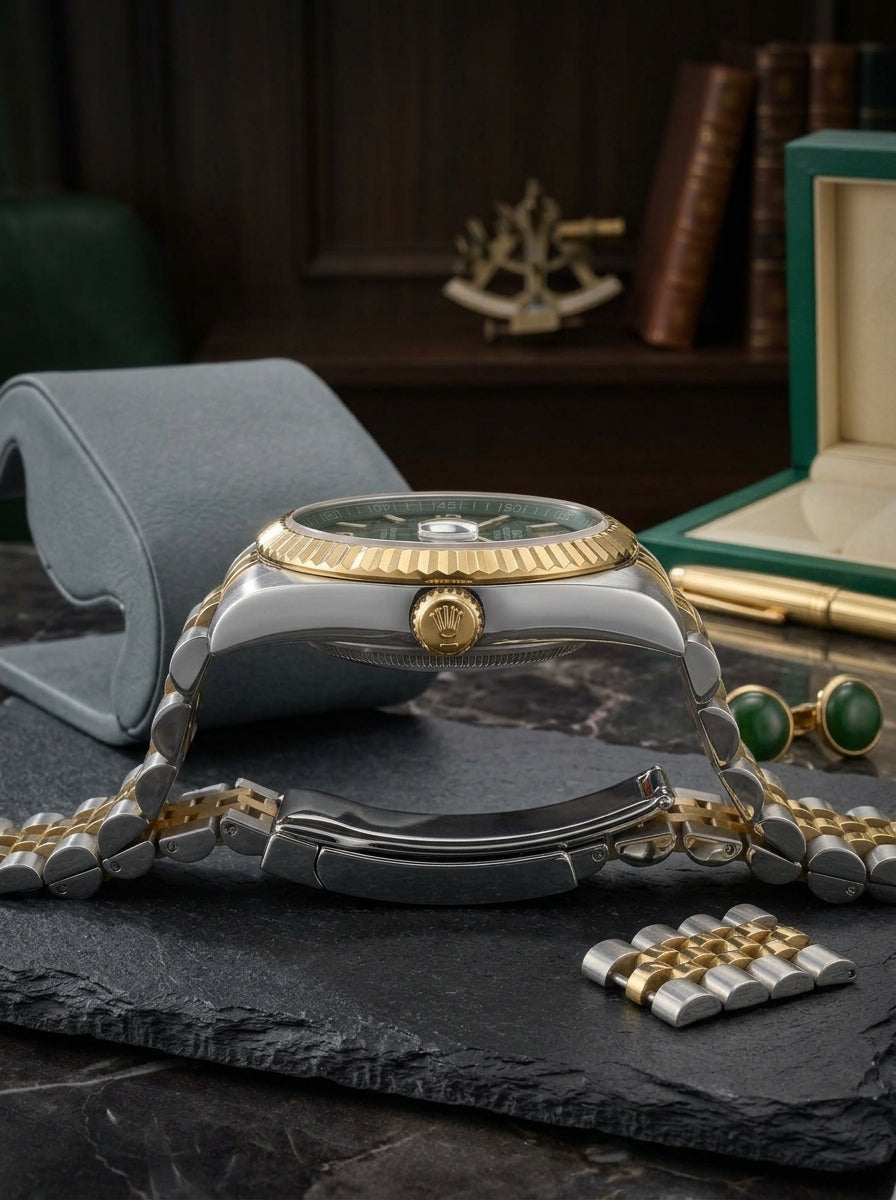 Luxury Royal Green Honeycomb Dial Men's Watch – Two-Tone Gold & Silver Jubilee Edition