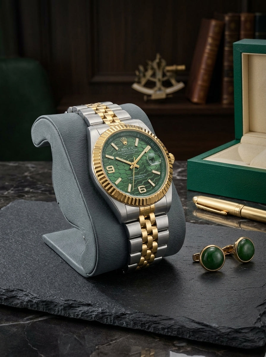 Luxury Royal Green Honeycomb Dial Men's Watch – Two-Tone Gold & Silver Jubilee Edition