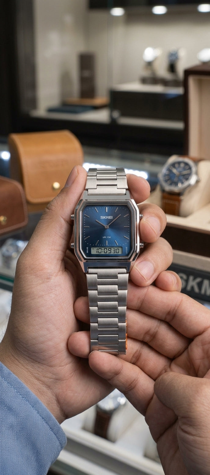 SKMEI 1220 Luxury Retro Dual Time Analog-Digital Men's Watch - Royal Blue Dial & Silver Stainless Steel Chain