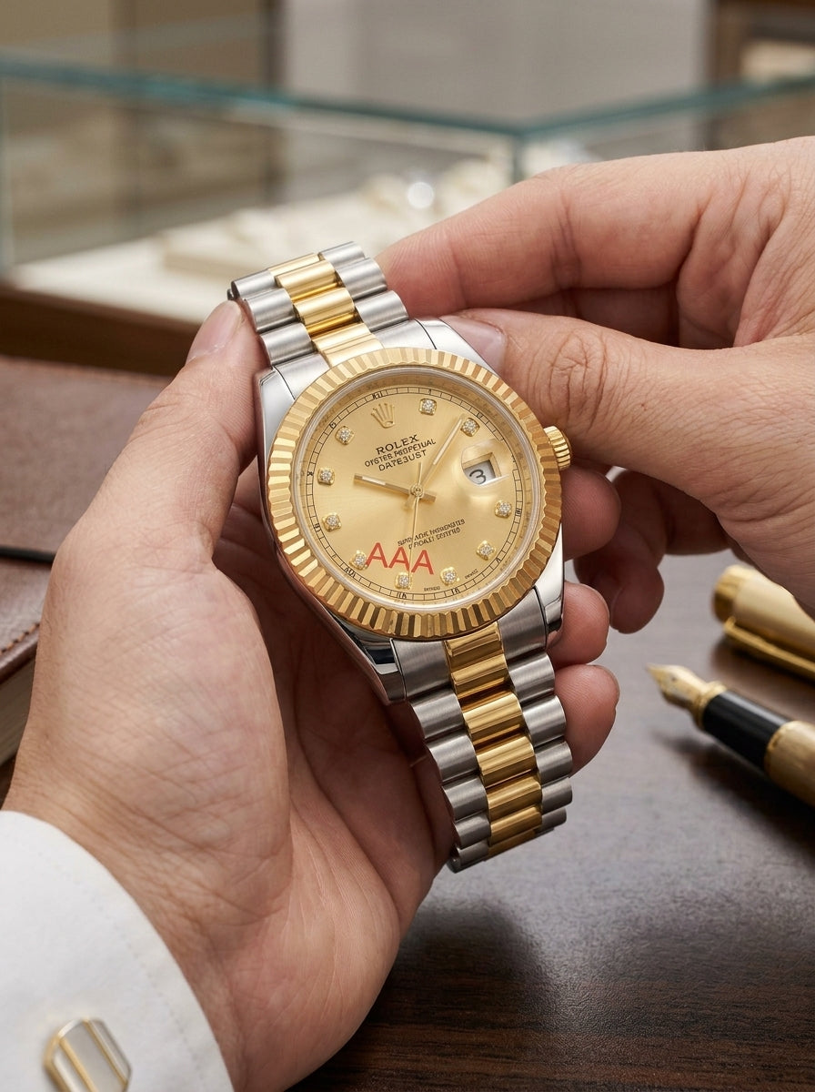 Luxury Two-Tone ROLEX  Gold & Silver Watch with Diamond Markers (Replica)- Classic Datejust Style