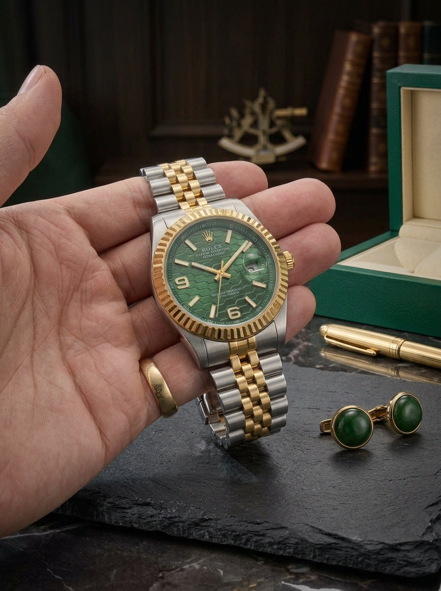Luxury Royal Green Honeycomb Dial Men's Watch – Two-Tone Gold & Silver Jubilee Edition
